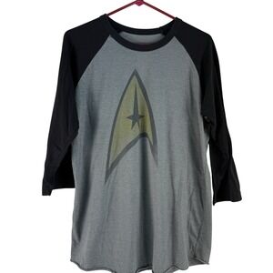 Star Trek Raglan Graphic Tee Large Gray Black 3/4 Sleeve Nerdcore Sci-Fi
